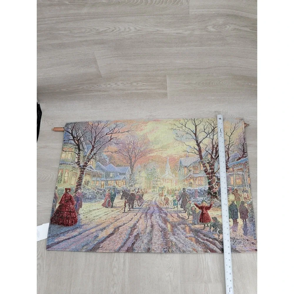 NWT Thomas Kinkade Fiber Optic Wall Tapestry Victorian Xmas Carol Hometown